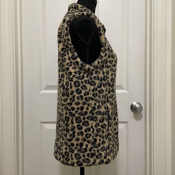 CALVIN KLEIN Sherpa Faux Fur‎ Vest Leopard Print Pockets Full Zip Women's Small - Picture 2 of 9